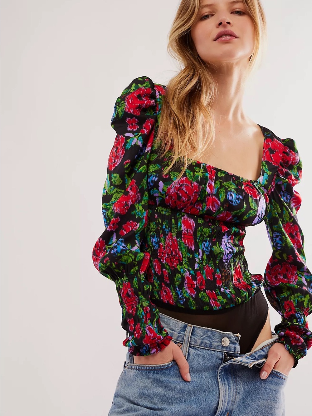 Free People Smock It To You Bodysuit Small S Floral Smocked Balloon Sleeve Puff